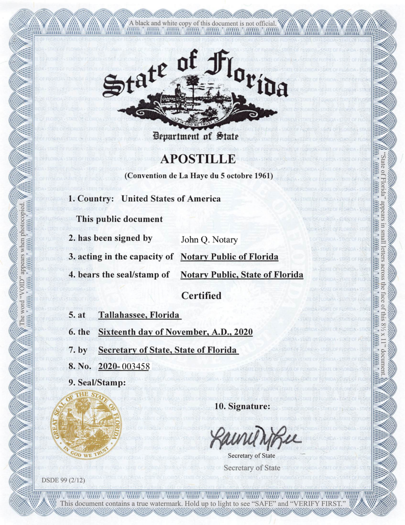 Sample apostille certificate