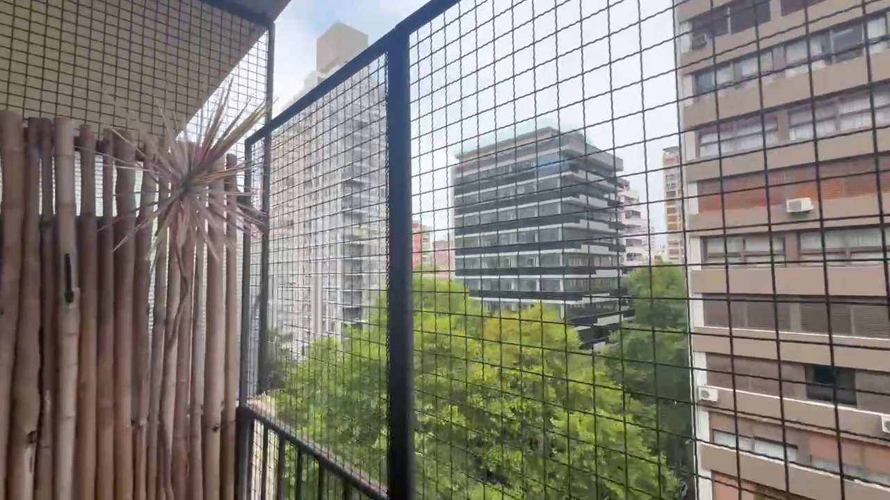 View from balcony through safety netting onto Belgrano high-rises
