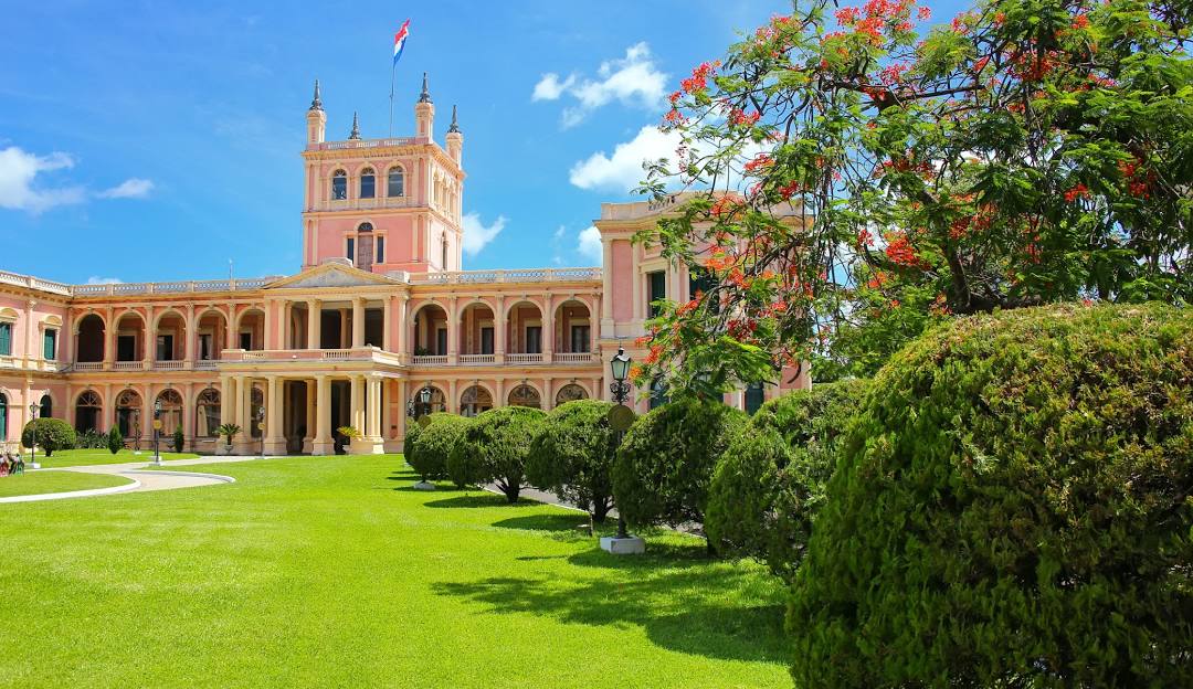 The Palacio de los López, Paraguay's presidential palace in Asunción, with a Paraguayan flag flying above