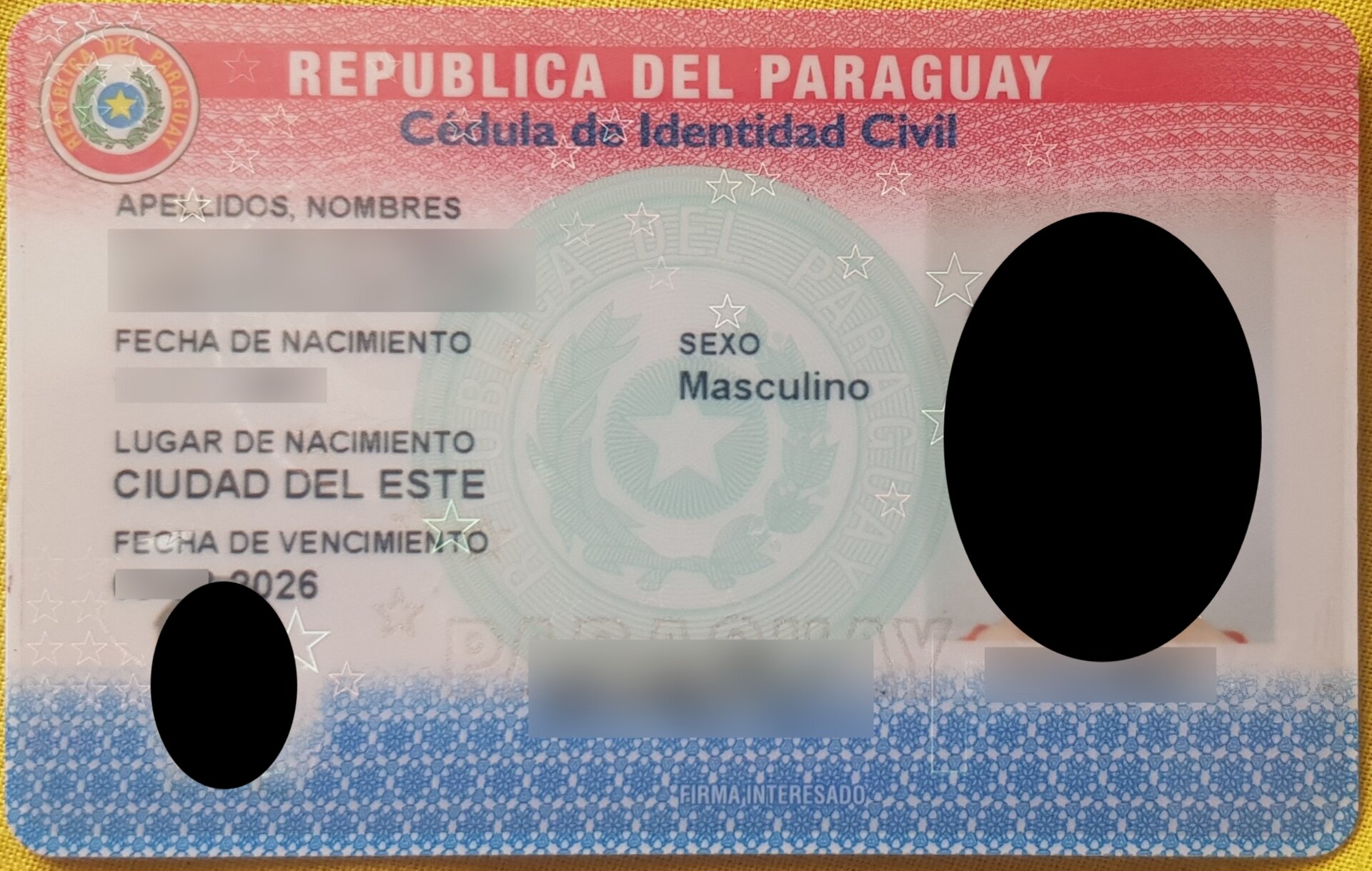 A Paraguayan cédula identity card, the national ID issued to residents